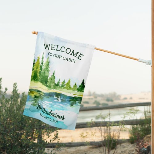 Welcome to Our Cabin Watercolor Lake Design Custom House Flag