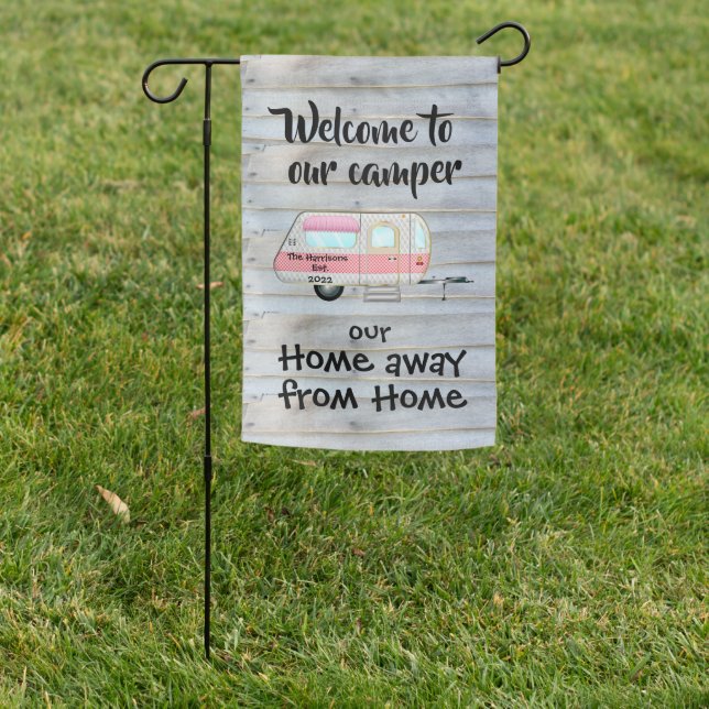 Welcome To Our Camper (Pink) - Home Away From Home Garden Flag (In SItu)
