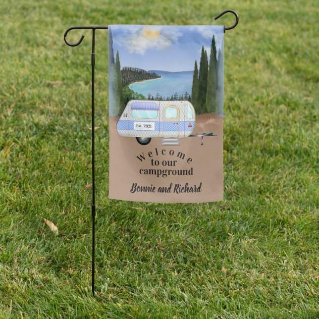 Welcome to our Campground - Scenic Lake & Camper Garden Flag (In SItu)