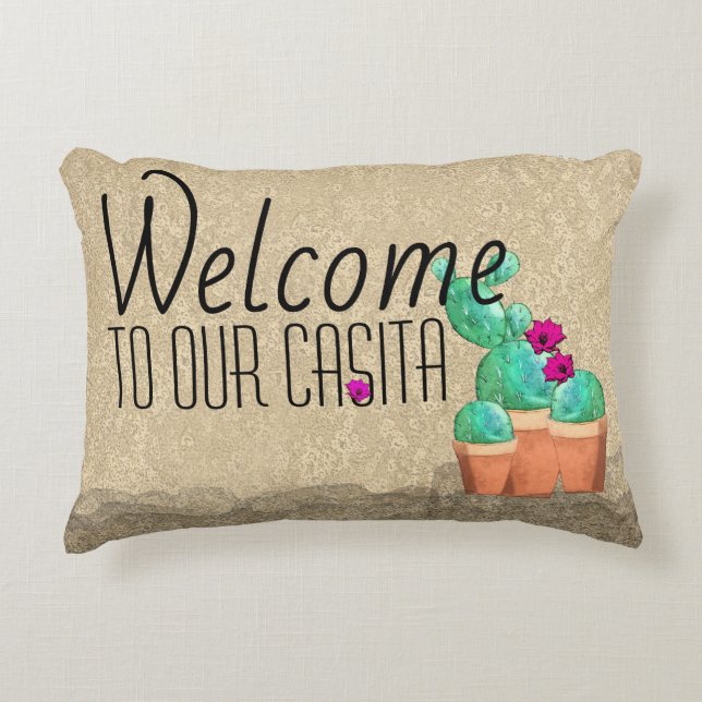 WELCOME To Our Casita Southwest Flower Cactus Accent Pillow (Front)