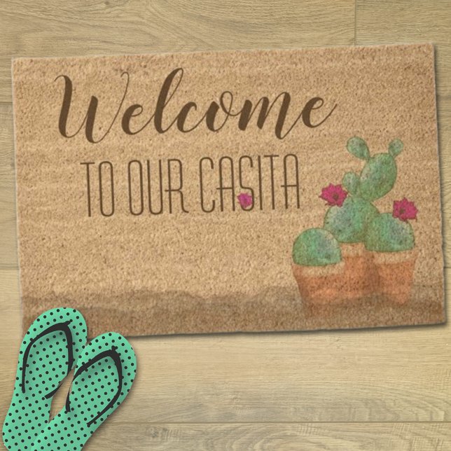WELCOME To Our Casita Southwest Flower Cactus Fiber Doormat (Southwestern designed cactus door mat template)