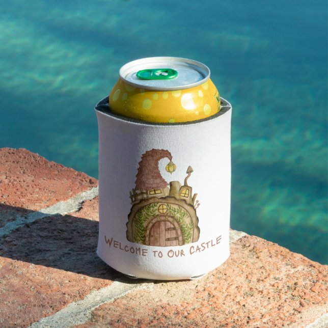 Welcome to Our Castle with a Gnome Castle on a  Can Cooler (In Situ Pool)