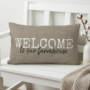 Welcome To Our Farmhouse   Rustic Beige Lumbar Pillow