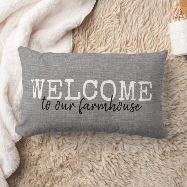 Welcome To Our Farmhouse | Rustic Gray Lumbar Pillow (Blanket)