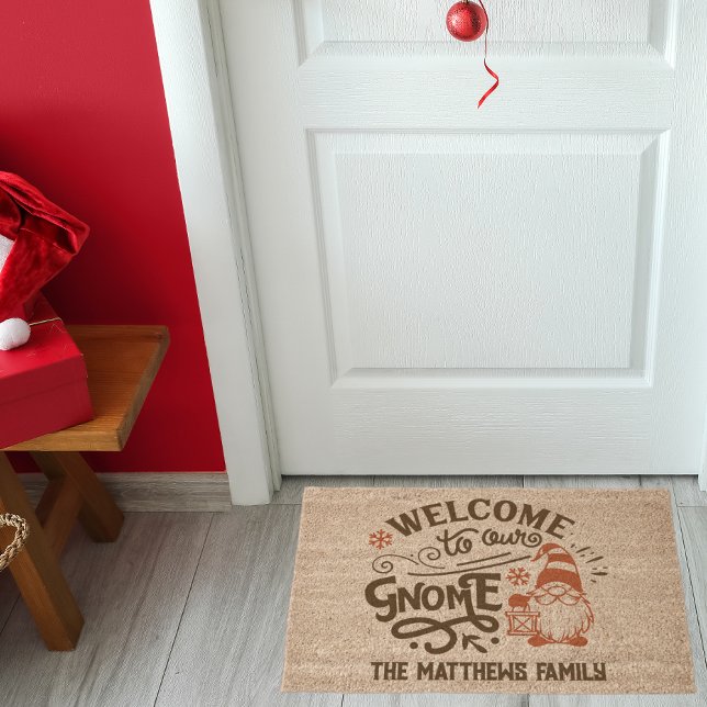 Welcome to Our Gnome Christmas Custom Name Fiber Doormat (A whimsical doormat to greet your holiday guests!)