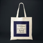 WELCOME to our Hanukkah Celebration Custom Tote Bag<br><div class="desc">A great welcome gift for your guests at your HANUKKAH Celebration. Design shows silver-gray Star of David in a tiled pattern against a deep blue background, and a centre panel where you can customize your greeting, event and add your name(s) or text. This would be an ideal way to say...</div>