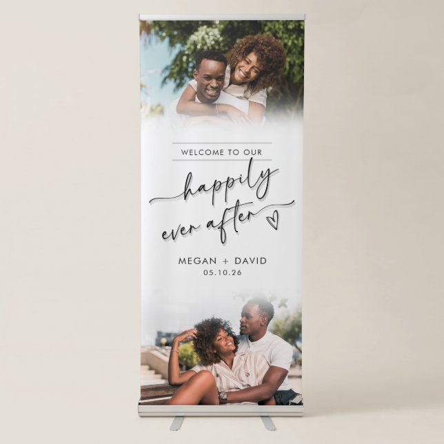 Welcome to Our Happily Ever After 2 Photos Wedding Retractable Banner (Front)