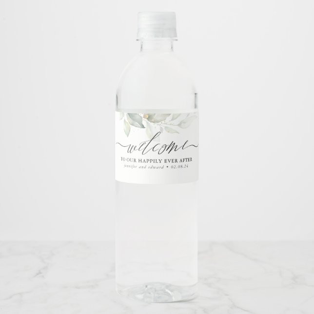Welcome To Our Happily Ever After Greenery Water Bottle Label (Front)