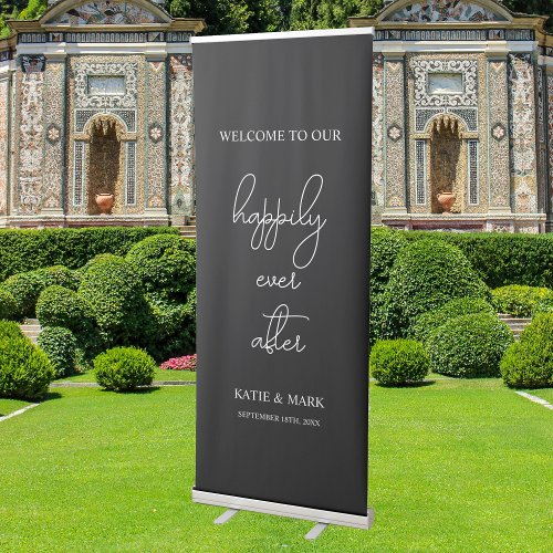 Welcome to Our Happily Ever After Wedding Black Retractable Banner