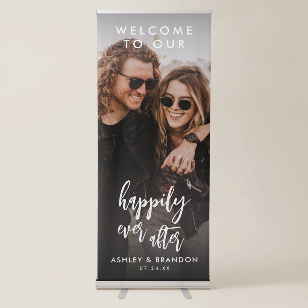 Disover Welcome To Our Happily Ever After Wedding Photo Retractable Banner