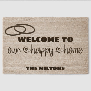 Welcome to Our Happy Home Wedding Rings Coir Mat