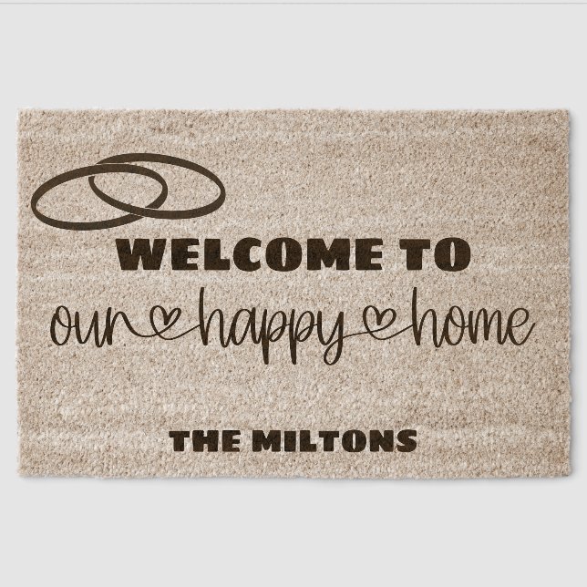Welcome to Our Happy Home Wedding Rings Coir Mat (Front)