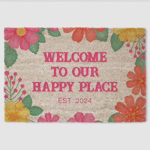 Welcome To Our Happy Place Floral Fiber Doormat