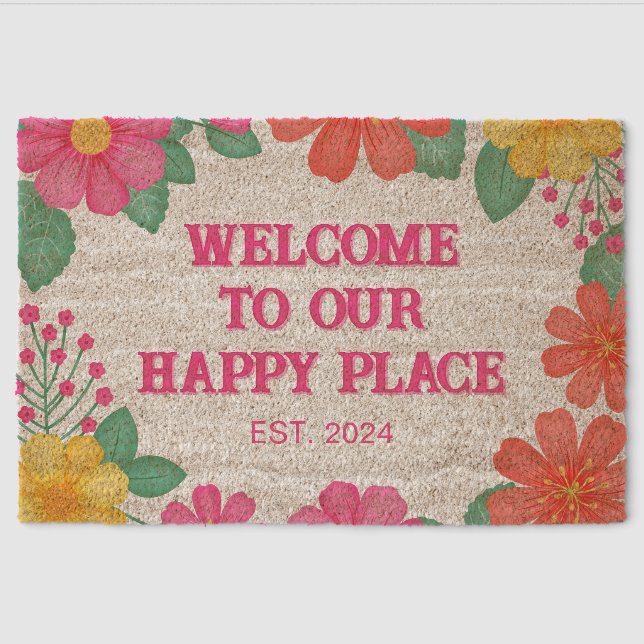 Welcome To Our Happy Place Floral Fiber Doormat (Front)