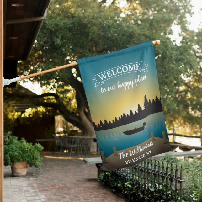 Welcome to Our Happy Place Lake Family Name Custom House Flag (In SItu)