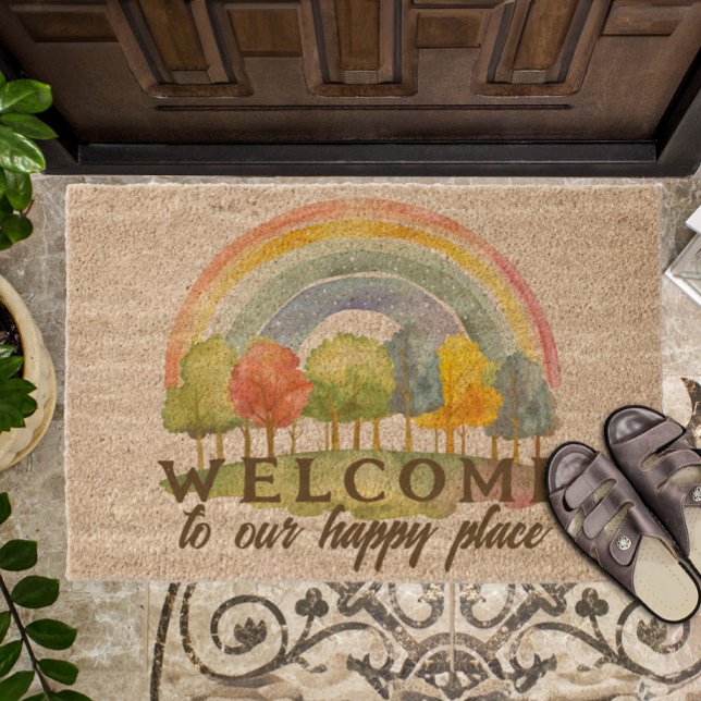 Welcome to our Happy Place Rainbow and Trees Fiber Doormat (Welcome to our Happy Place Rainbow Doormat from the Seasonal Doormats Collection by Darling & May)