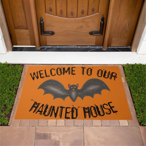 Welcome to Our Haunted House Black Halloween Bat Doormat