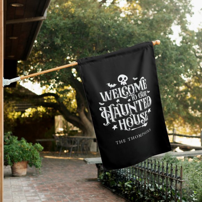 "Welcome To Our Haunted House" Fun Halloween House Flag (In SItu)