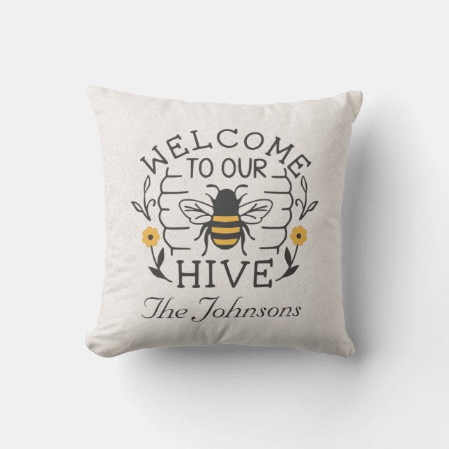 Welcome to Our Hive Honey Bee Spring Porch Throw Pillow (Front)