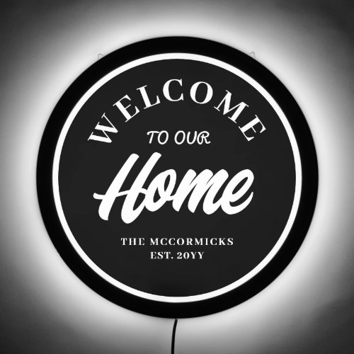 Welcome To Our Home Black White Family Name LED Sign