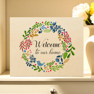 Welcome to Our Home Blue Green Floral Wood Wall Art