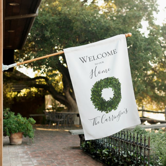 Welcome to our Home Boxwood Wreath Name House Flag (In SItu)