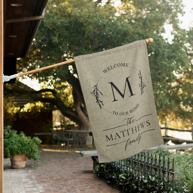 Welcome to Our Home Burlap Monogrammed Family Name House Flag (In SItu)