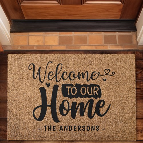 Welcome To Our Home Family Faux Burlap Doormat