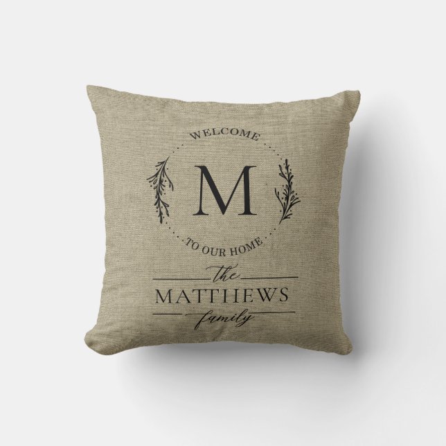 Welcome to Our Home Farmhouse Style Family Name  Throw Pillow (Front)