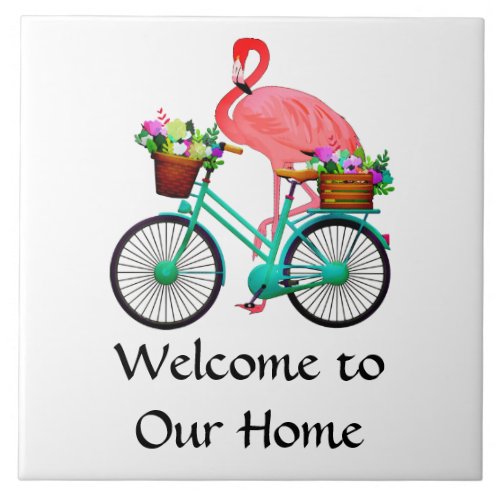 Welcome to Our Home Flamingo Cyclist Ceramic Tile