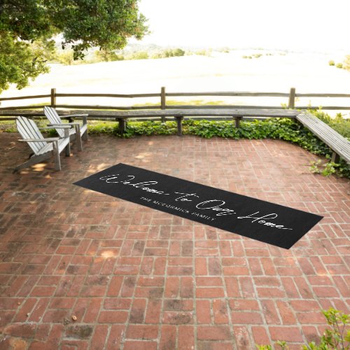 Welcome To Our Home Modern Black White Family Name Outdoor Rug
