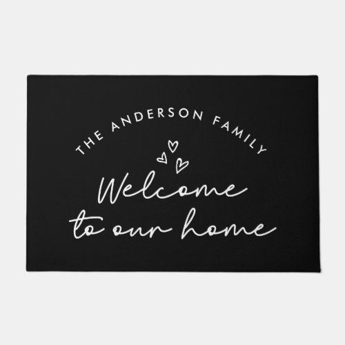 Welcome to our home modern script black and white  doormat