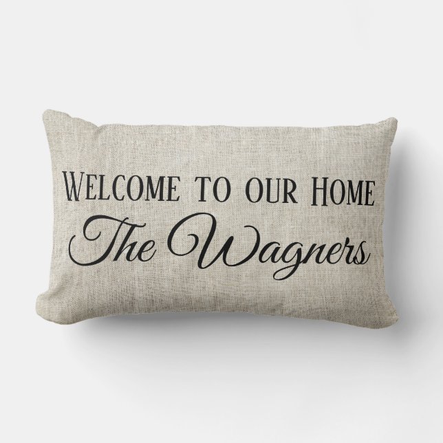 Welcome to our Home on linen look personalize Lumbar Pillow (Front)