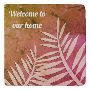 Welcome to Our Home Pink Marble Leaf Silhouettes Trivet