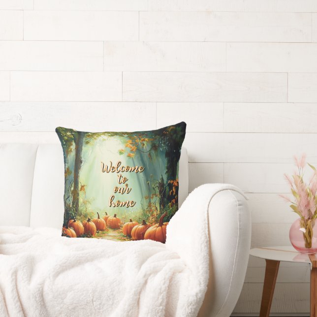 "Welcome to our home" Pretty Pumpkin Autumn Throw Pillow (Couch)