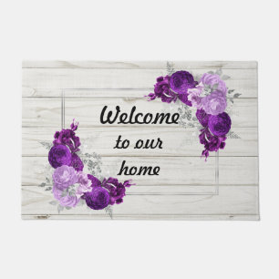 Welcome to our home purple floral doormat