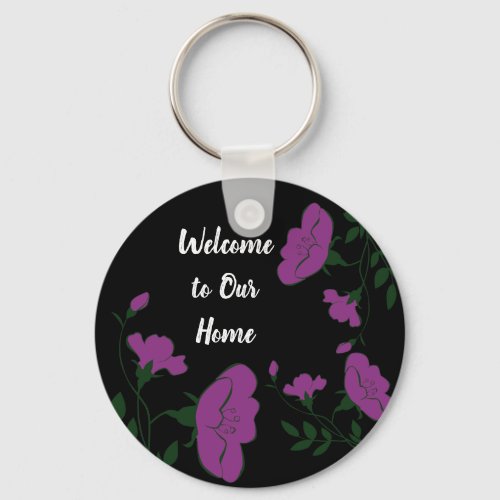 Welcome to Our Home Purple Floral Rental Guest Key Keychain