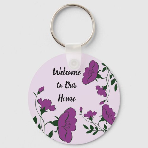 Welcome to Our Home Purple Floral Rental Guest Key Keychain