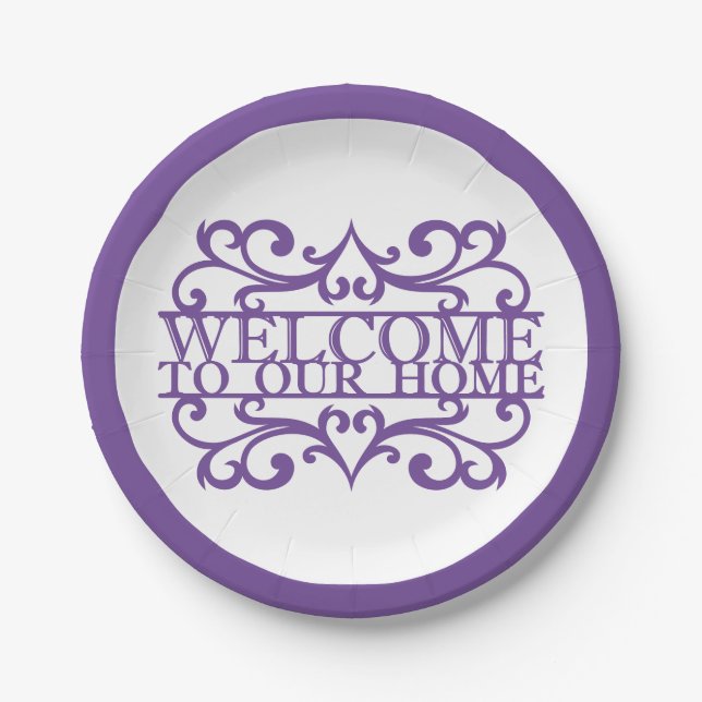 Welcome To Our Home Quote Purple White Party Paper Plates (Front)