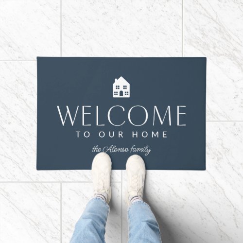 Welcome to our home simple stylish navy doormat