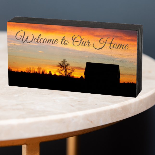 Welcome to Our Home Sunset Silhouette Wooden Box Sign (In Situ Table)