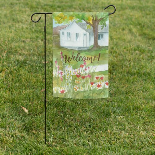 Welcome To Our Home White Cottage Wildflowers Garden Flag