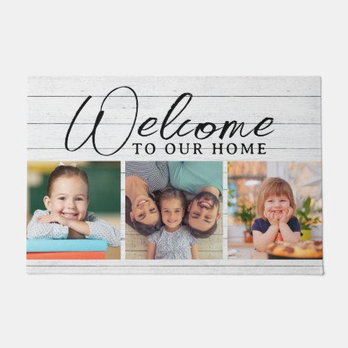 Welcome To Our Home White Wood  3 Photo Template  Doormat