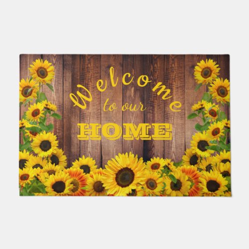Welcome to our Home Yellow Sunflowers Rustic Wood  Doormat