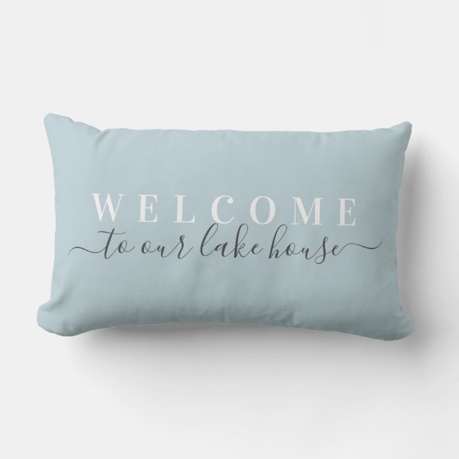 Welcome to Our Lake House Blue Lumbar Pillow (Front)