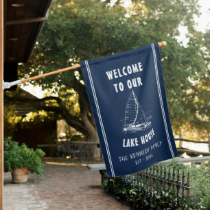 Welcome to Our Lake House Boat Family Name Blue   Flag