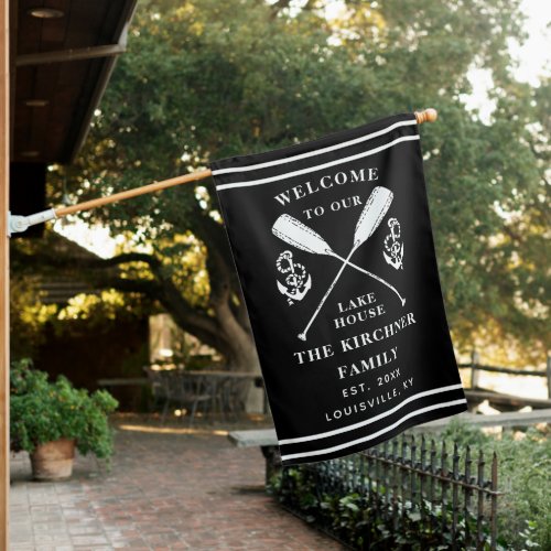 Welcome To Our Lake House Family Monogram Black House Flag