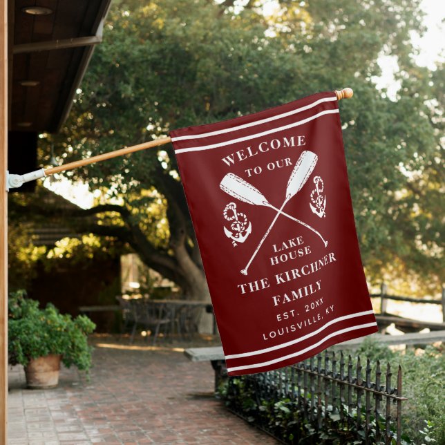 Welcome To Our Lake House Family Monogram Burgundy Flag (In SItu)