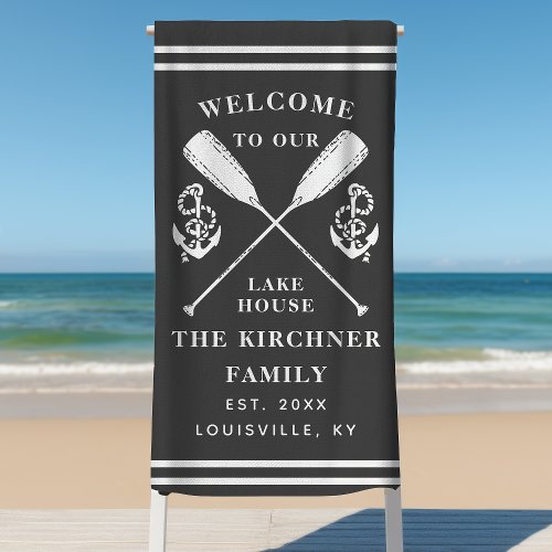 Welcome To Our Lake House Family Monogram Gray Beach Towel