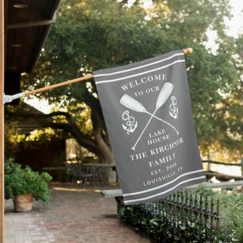 Welcome To Our Lake House Family Monogram Grey House Flag
